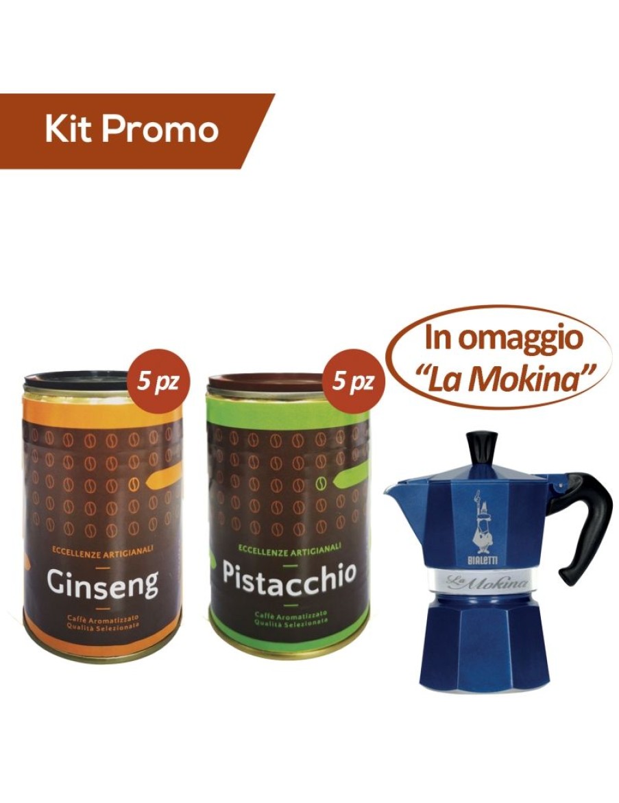 Click Cafe Macchine Moka Per Caffe Macinato | Box 10 Barattoli Caffe Macinato Ginseng E Pistacchio + In Omaggio "La Mokina" Bialetti