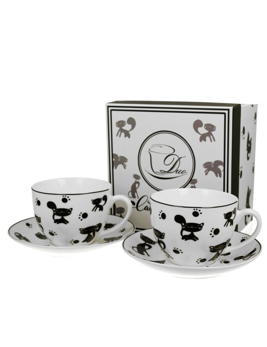 Click Cafe Tazze Da Te E Teiere | Set 2 Tazze Cappucino Con Piattino Gattini Neri Gift Box