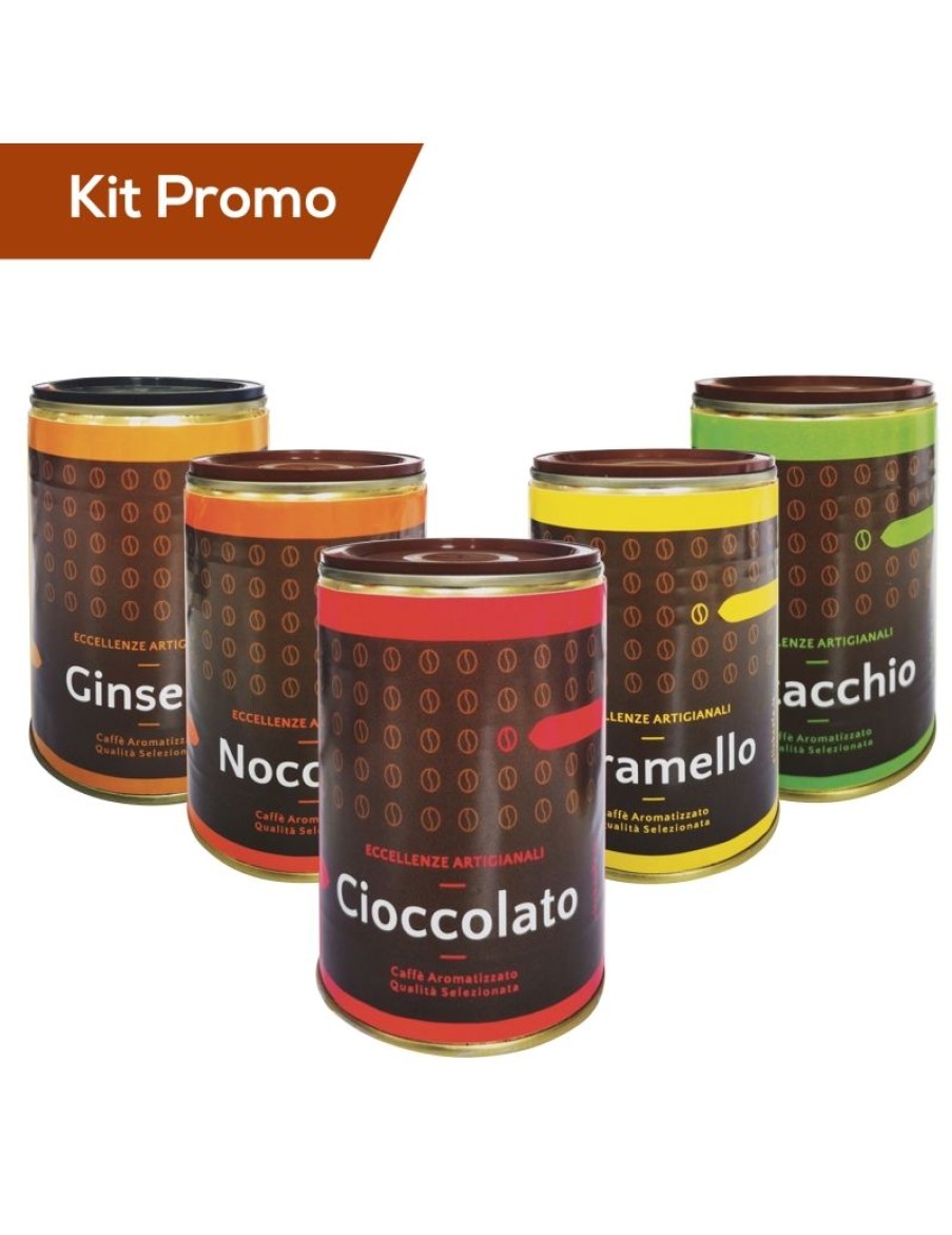 Click Cafe Caffe In Grani Macinato E Solubile | Box 5 Barattoli Di Caffe Al Ginseng, Pistacchio, Nocciola, Cioccolato E Caramello