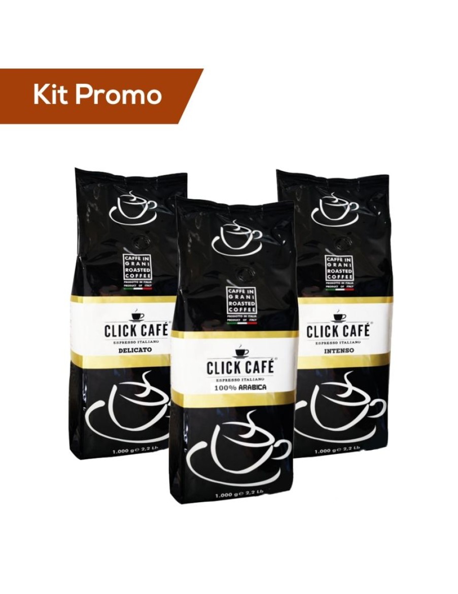 Click Cafe Caffe In Grani Macinato E Solubile | Box 3 Sacchetti Caffe In Grani A Marchio Click Cafe, Miscela Delicato, 100% Arabica E Intenso