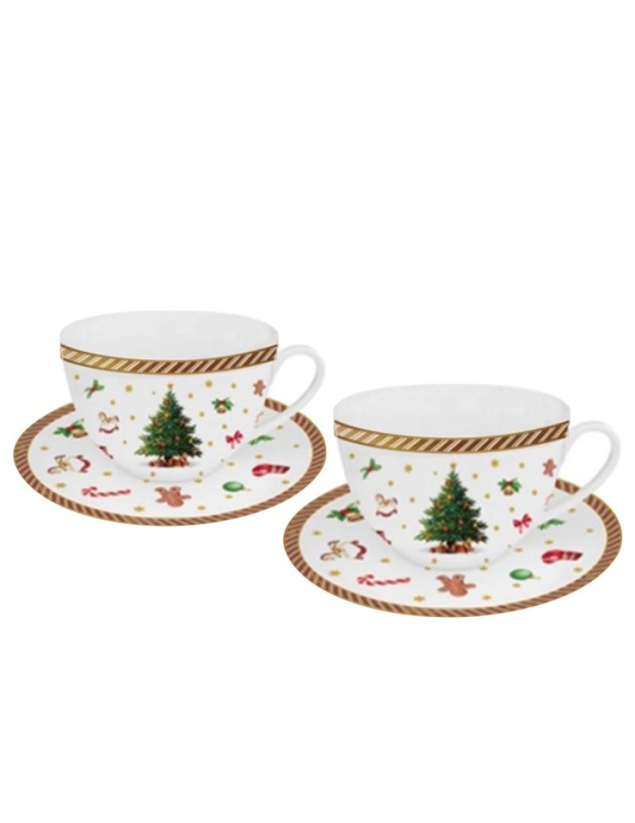 Click Cafe Tazze Da Te E Teiere | Set Christmas Collection 2 Tazze Con Piattino Albero Di Natale