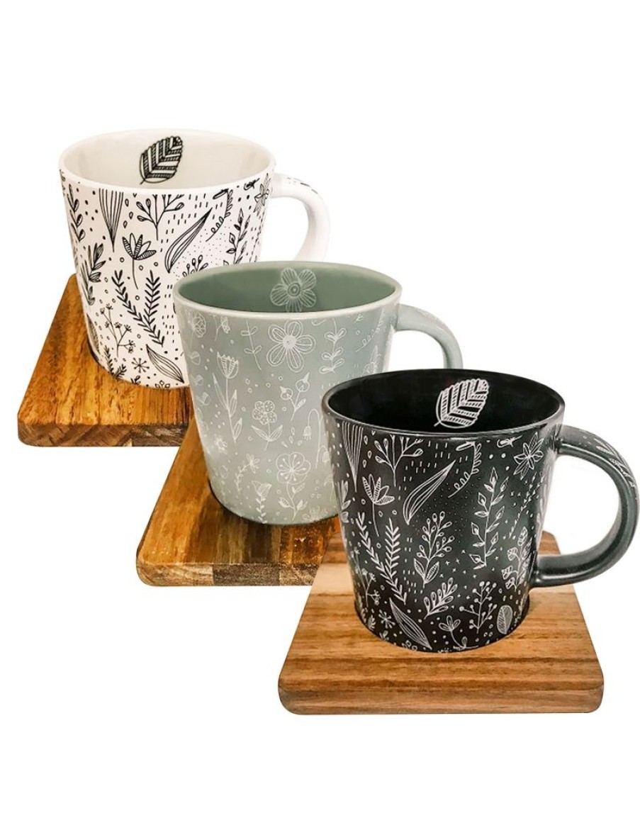 Click Cafe Tazzine Da Caffe E Tazze Mug | Mug Bone China 0.35L Con Sottotazza In Legno Di Acacia 3 Decorazioni