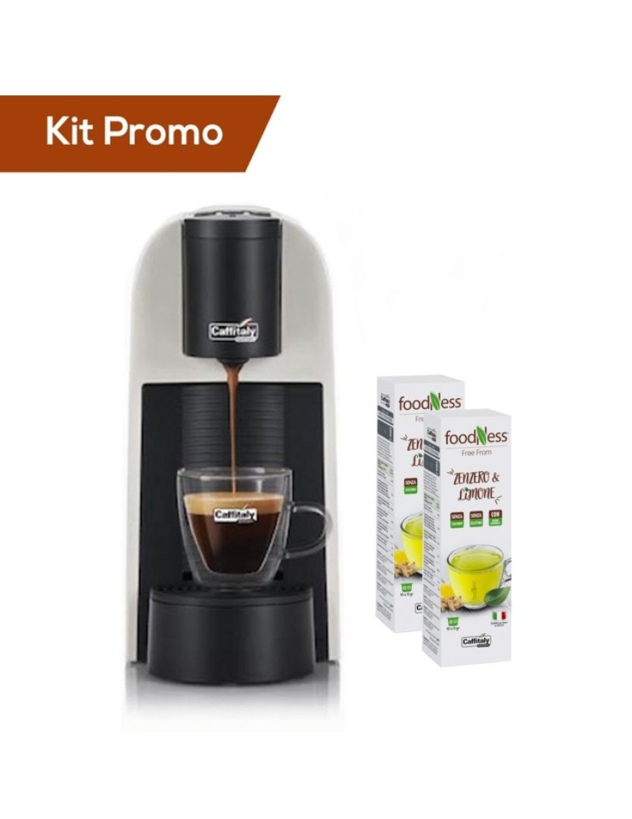 Click Cafe Macchinette Per Caffe In Capsule | Macchina Da Caffe Caffitaly Modello Maia Colore Bianco + 20 Capsule Foodness Zenzero E Limone