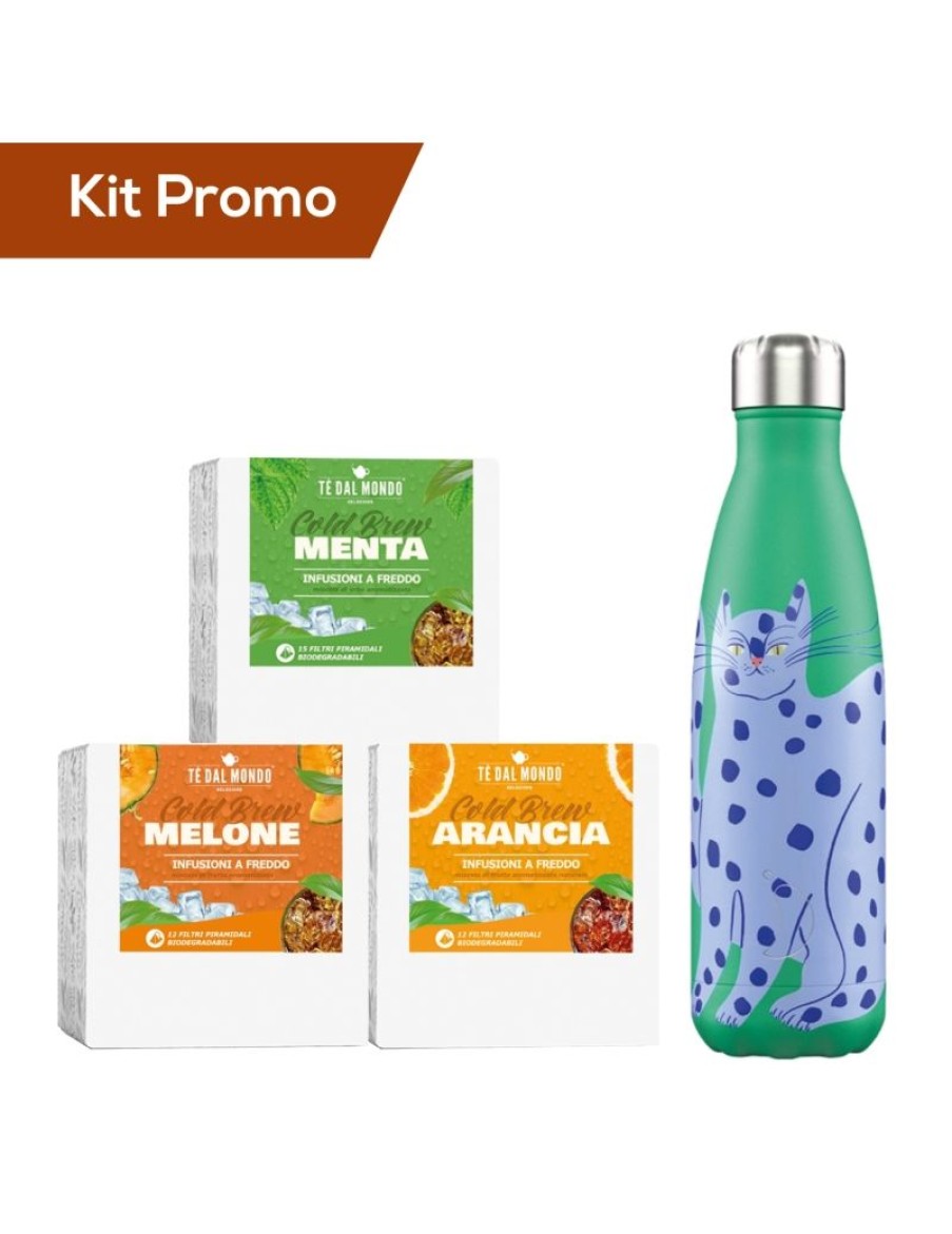 Click Cafe Piramidali Te Dal Mondo | Box 3 Astucci Infusi A Freddo + Chilly'S Bottle Linea Artist Gatto Blu