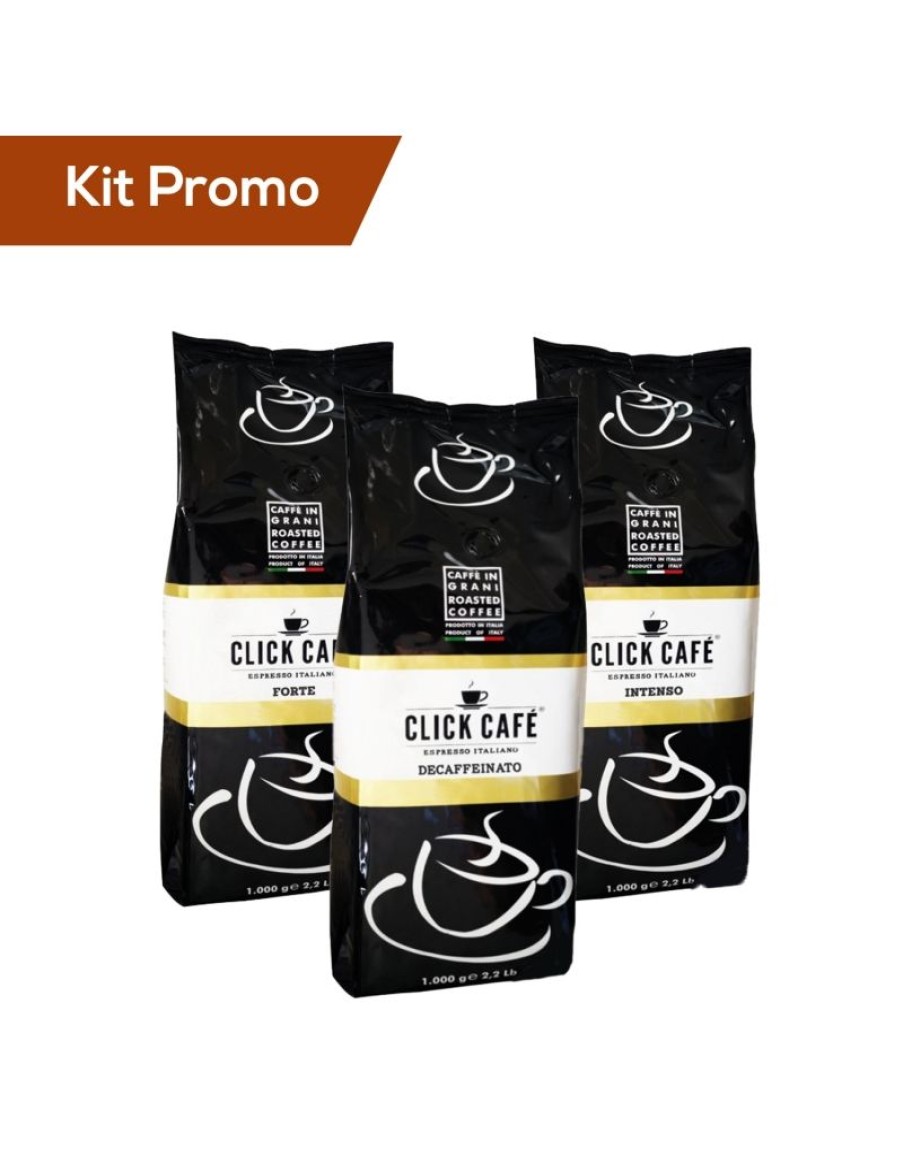 Click Cafe Caffe In Grani Macinato E Solubile | Box 3 Sacchetti Caffe In Grani A Marchio Click Cafe, Miscela Forte, Intenso E Decaffeinato