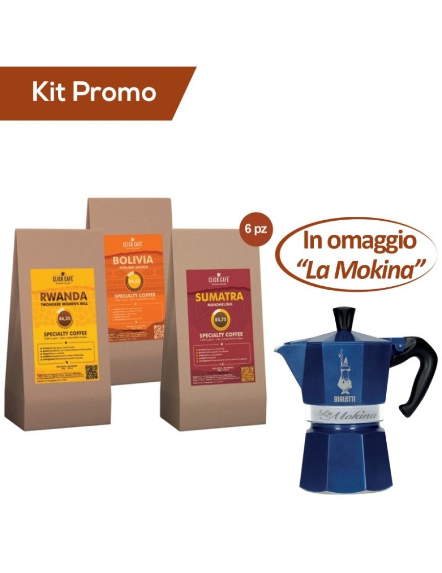 Click Cafe Macchine Moka Per Caffe Macinato | Box 6 Sacchetti Specialty Coffee + In Omaggio "La Mokina" Bialetti