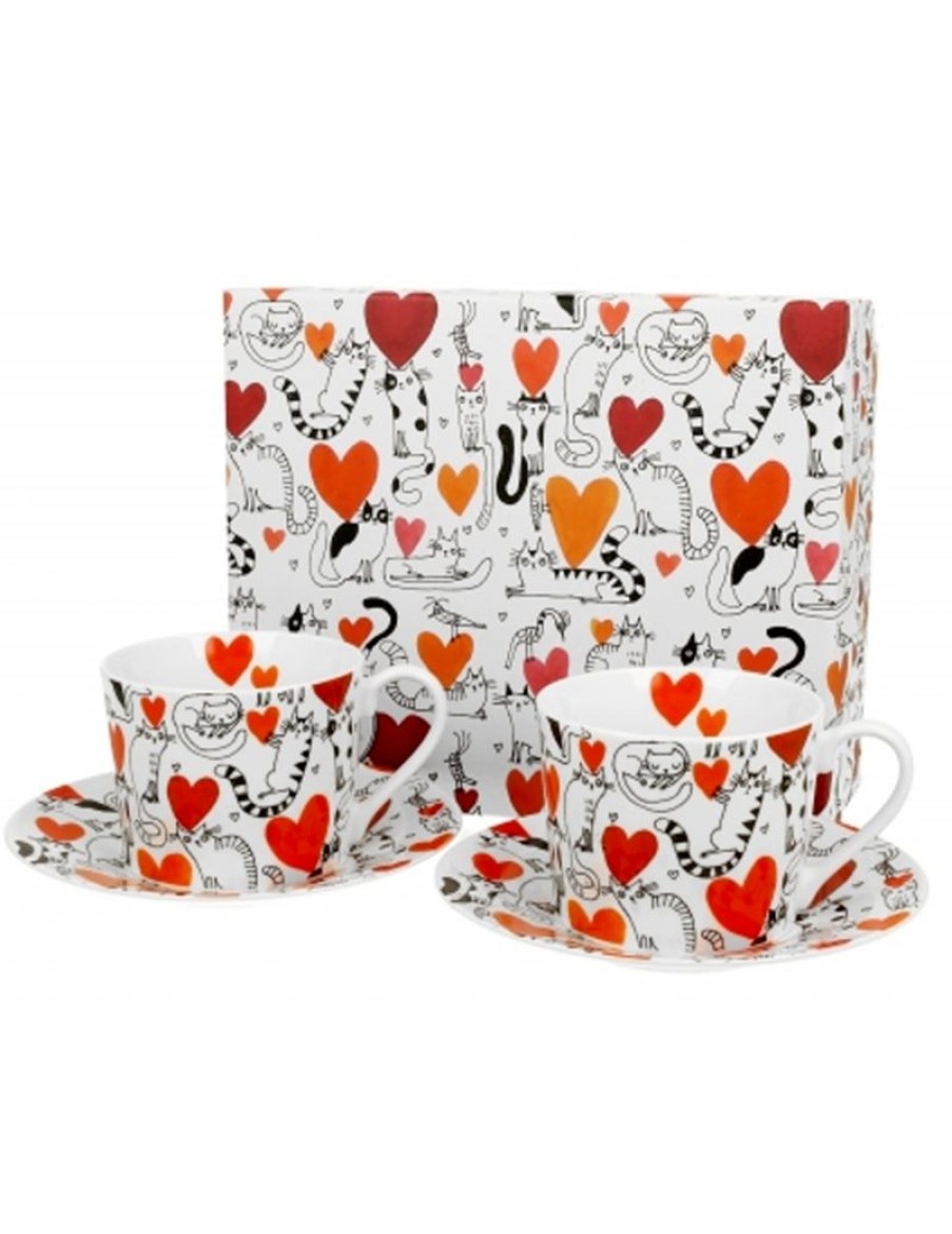 Click Cafe Tazzine Da Caffe E Tazze Mug | Coppia Mugs 230 Ml Con Piattino Gatto Con Cuori In Confezione Regalo