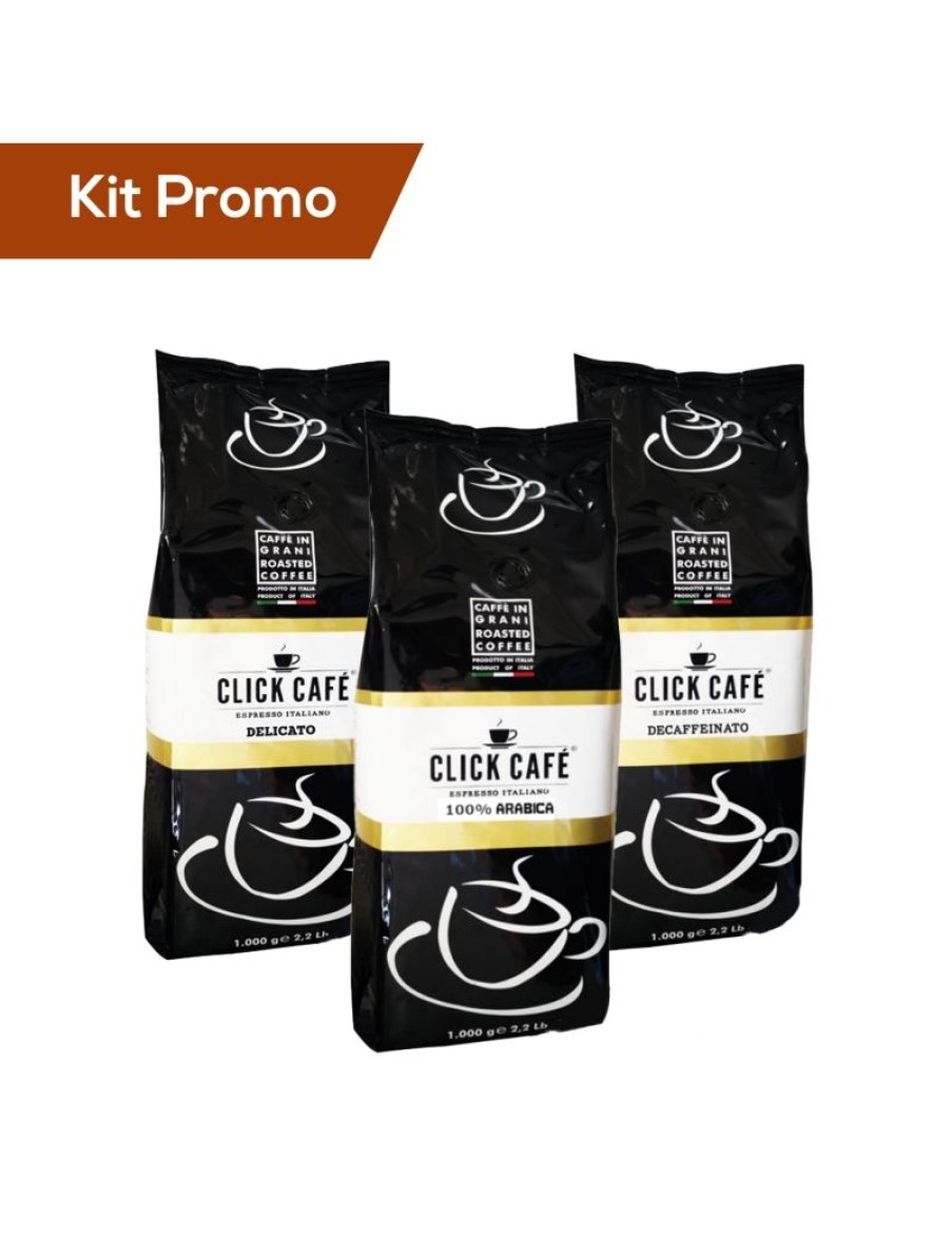 Click Cafe Caffe In Grani Macinato E Solubile | Box 3 Sacchetti Caffe In Grani A Marchio Click Cafe, Miscela Delicato, 100% Arabica E Decaffeinato