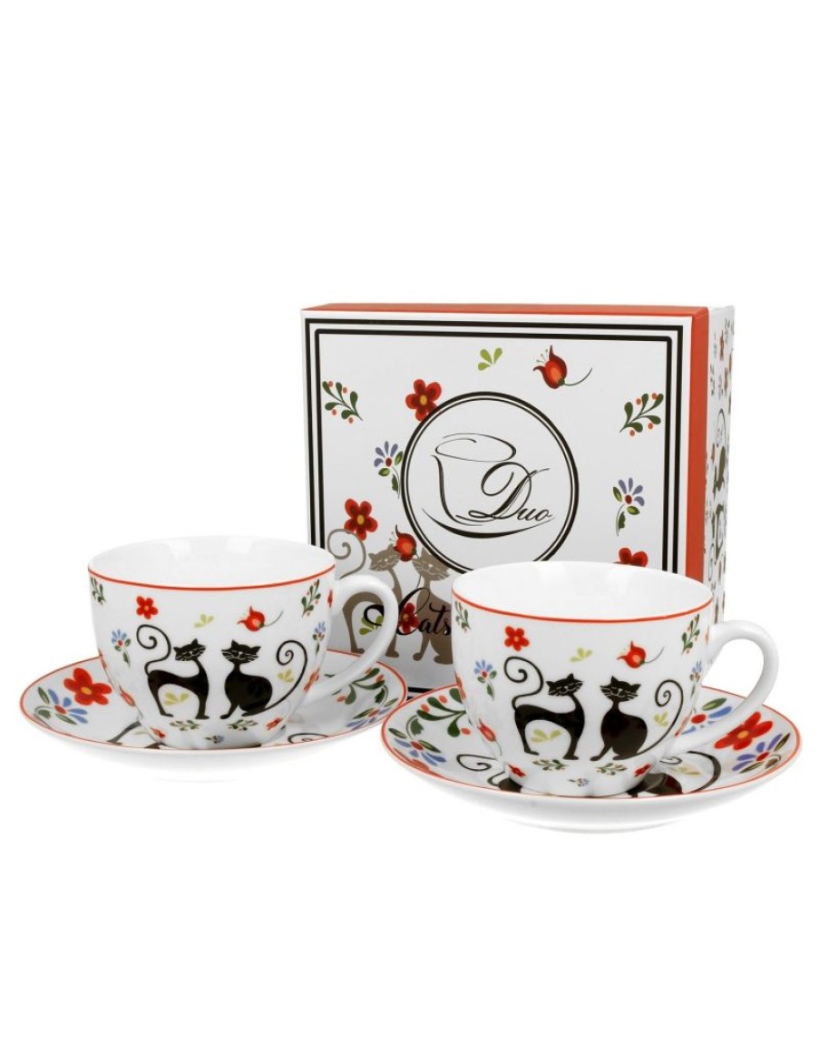 Click Cafe Tazze Da Te E Teiere | Set 2 Tazze Cappucino Con Piattino Le Chat Noir Con Cuori Gift Box