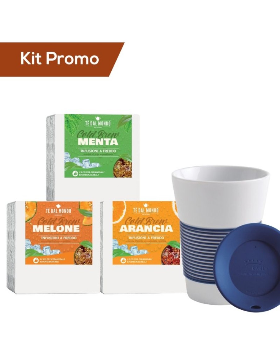 Click Cafe Piramidali Te Dal Mondo | Box 3 Astucci Infusi A Freddo + Tazza Kahla Blue In Porcellana