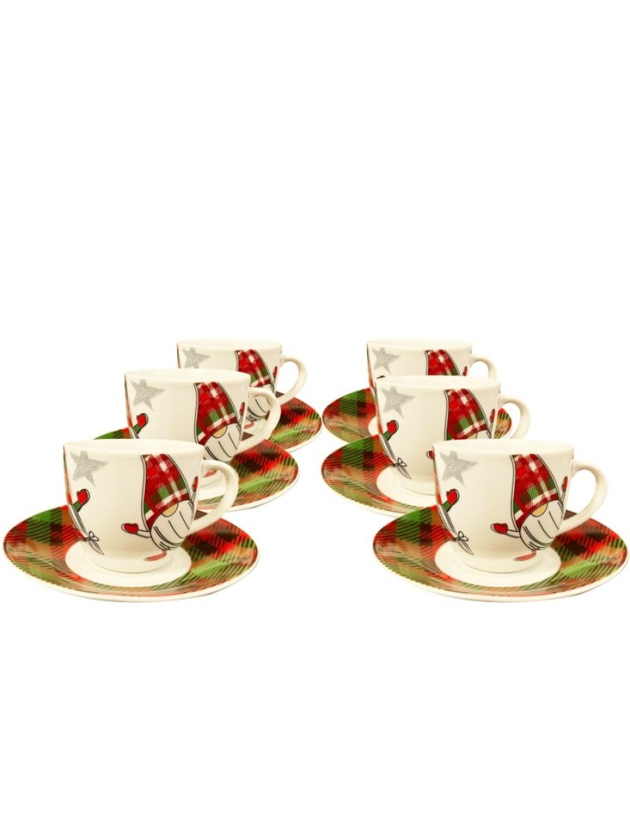 Click Cafe Tazzine Da Caffe E Tazze Mug | Confezione 6 Tazzine Da Caffe Con Piattino Gnomo Tartan 90 Ml